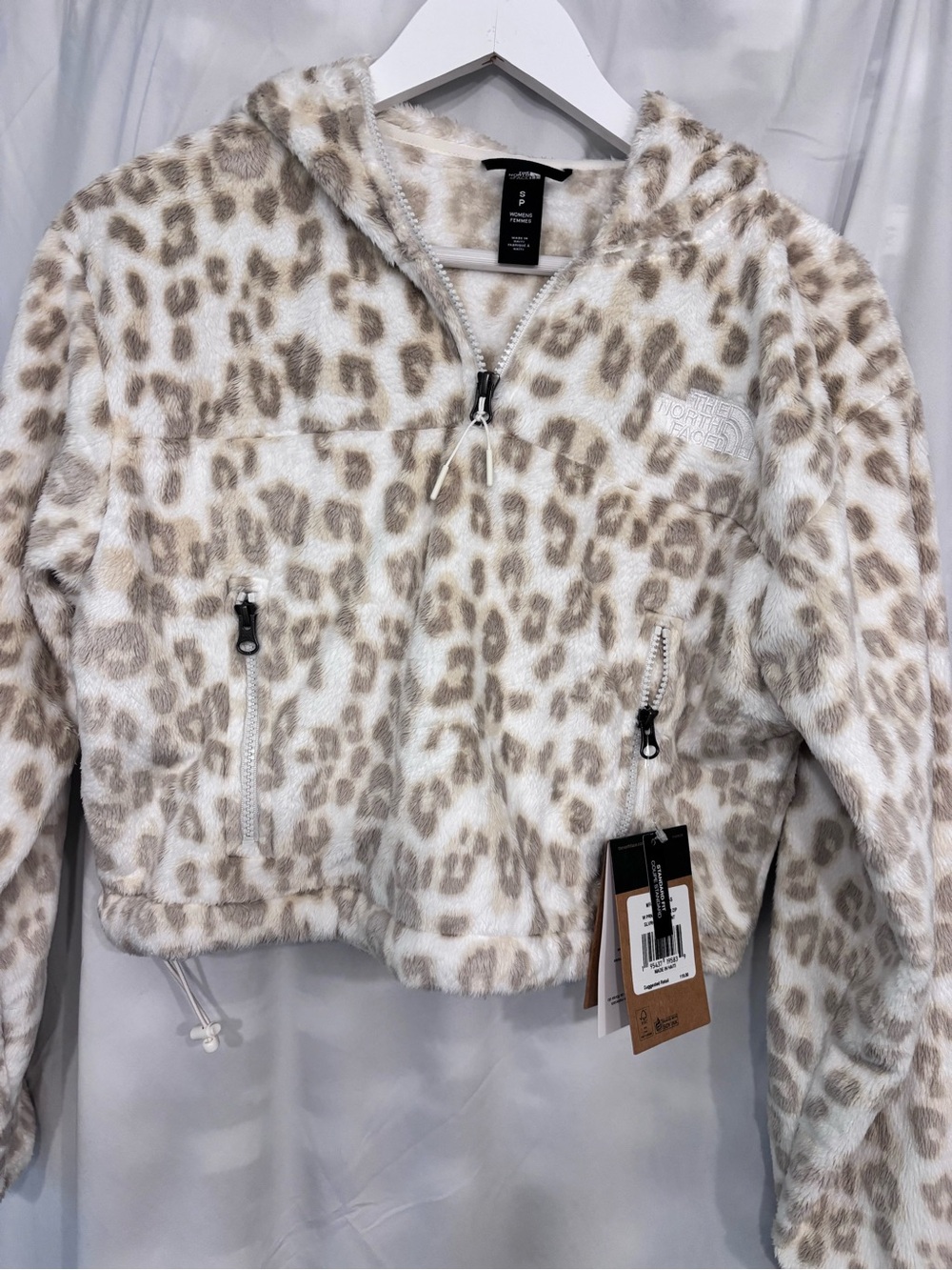 The North Face Leopard Print Plush Quarter-Zip Hoodie in Cream & Tan NWT